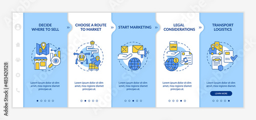 Export business tips blue and white onboarding template. Marketing strategy. Responsive mobile website with linear concept icons. Web page walkthrough 5 step screens. Lato-Bold, Regular fonts used