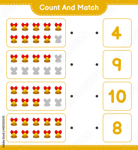 Count and match, count the number of Christmas Bell and match with the right numbers. Educational children game, printable worksheet, vector illustration