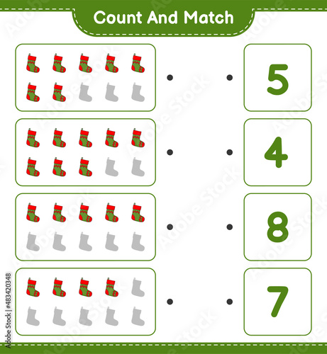 Count and match  count the number of Christmas Sock and match with the right numbers. Educational children game  printable worksheet  vector illustration