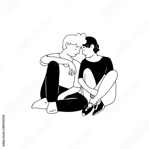 Boy gay couple sitting close to each other being in love, lgbtq pride, doodle line style vector illustration