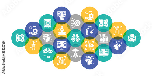 Artificial Intelligence flat vector illustration. Robotics, Chatbot, Database, Big Data concept for banner, website design or landing web page