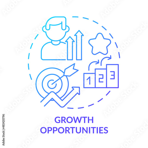 Growth opportunities blue gradient concept icon. Skill advancement abstract idea thin line illustration. Climbing career ladder. Work environment. Isolated outline drawing. Myriad Pro-Bold font used