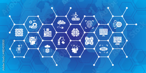 Artificial Intelligence infographic banner with icon elements. Robotics, Chatbot, Database, Big Data vector illustration for header website banner.