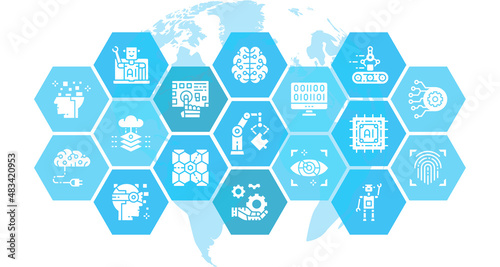 Artificial Intelligence thin icons vector illustration. Robotics, Chatbot, Database, Big Data design concept elements for graphic web design