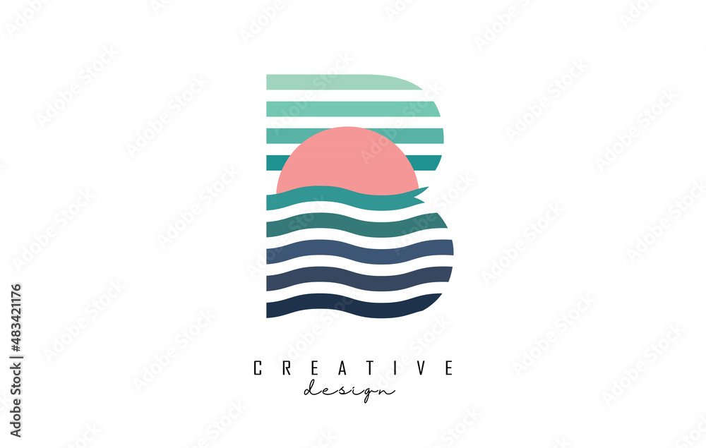 Letter B logo design with gradient lines and red half circle. Vector illustration with sea and sunset lines.