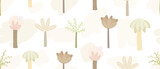 seamless pattern with tropical trees, palms, nude colors, scandinavian style, childish design