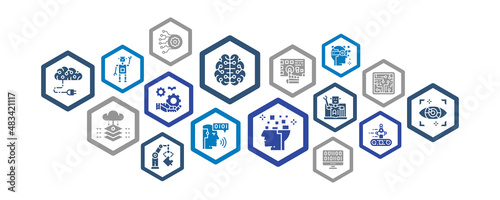 Artificial Intelligence infographic template with colored icons. Robotics, Chatbot, Database, Big Data vector illustration. Web banner layout template