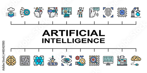 Artificial Intelligence color icon banner. Robotics, Chatbot, Database, Big Data vector illustration with colored icons