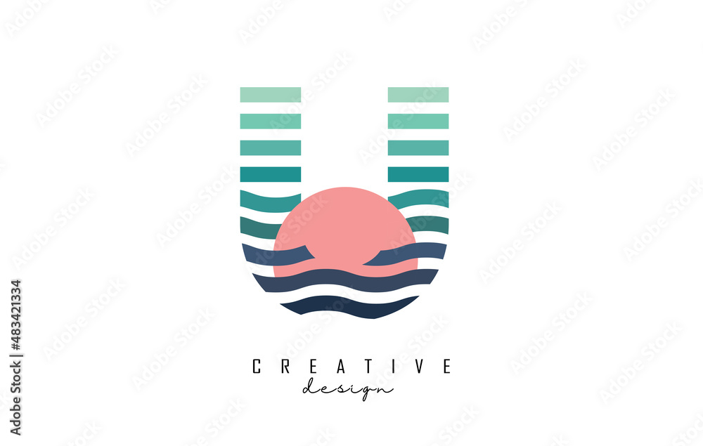 Letter U logo design with gradient lines and red half circle. Vector illustration with sea and sunset lines. Letter U logo design with gradient lines and red half circle. Vector illustration with sea and sunset lines.