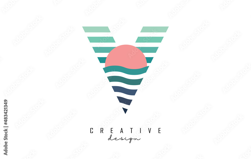 Fototapeta premium Letter V logo design with gradient lines and red half circle. Vector illustration with sea and sunset lines.