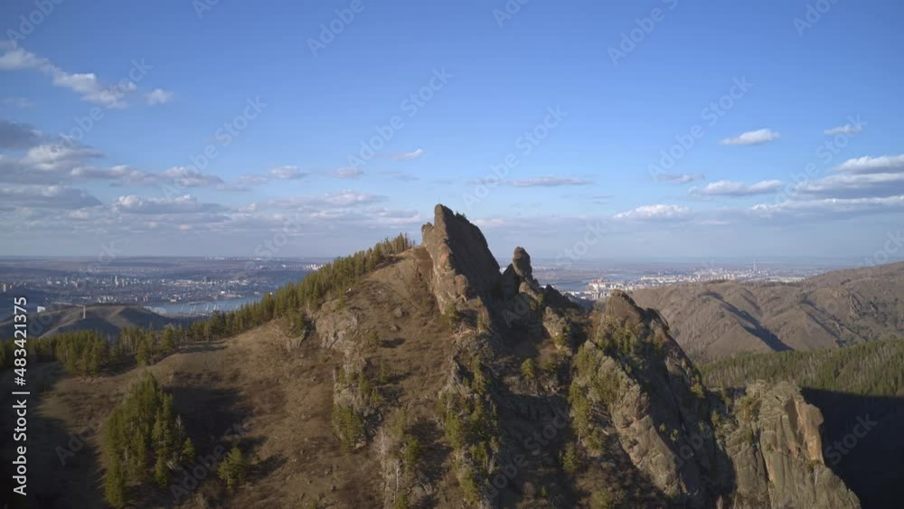 Aerial Hyperlapse panorama of Takmak Rock in the Russian Stolby Nature Reserve. Aerial Hyperlapse panorama of Takmak Rock in the Russian Stolby Nature Reserve.