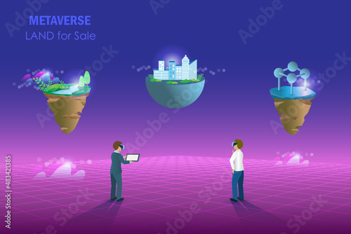 Metaverse land for sale, digital real estate and property investment technology.  Businessman buy virtual land for sale in metaverse cyber space futuristic environment background.