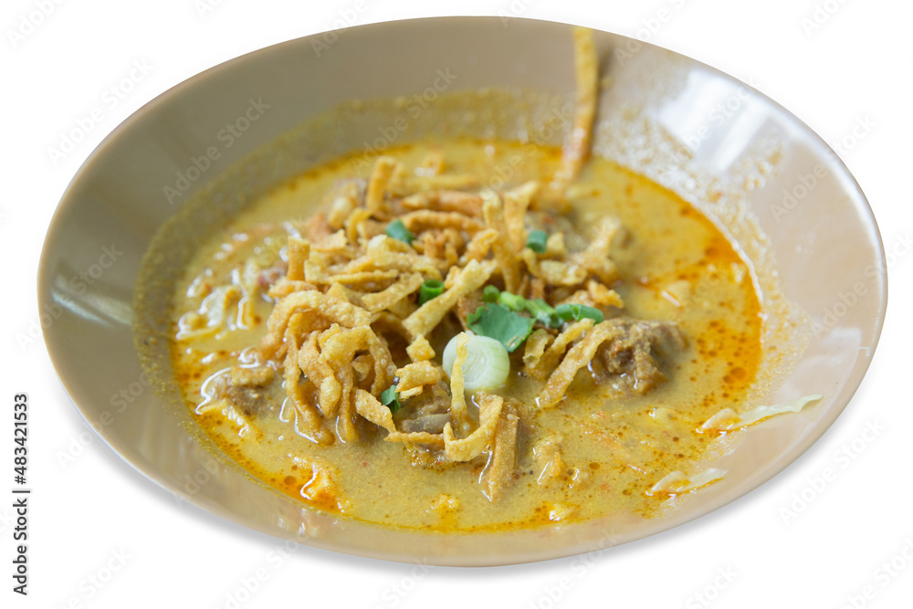 Die cut of Northern Thai Curry Noodles with Beef on white isolated. Die cut of Northern Thai Curry Noodles with Beef on white isolated.
