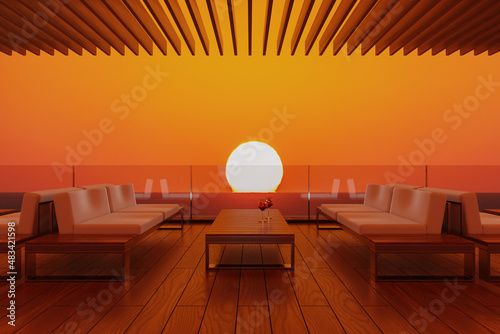 3D illustration of a rooftop lounge with sunset and ocean view photo