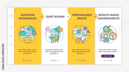 Creating positive work culture yellow onboarding template. Outdoor workspaces. Responsive mobile website with linear concept icons. Web page walkthrough 4 step screens. Lato-Bold, Regular fonts used