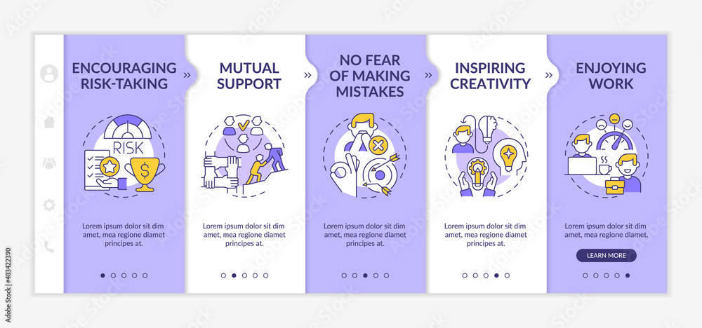 Employee happiness importance purple and white onboarding template. Enjoy work. Responsive mobile website with linear concept icons. Web page walkthrough 5 step screens. Lato-Bold, Regular fonts used