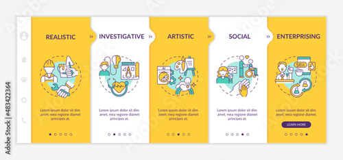 Work environments types yellow onboarding template. Artistic personality. Responsive mobile website with linear concept icons. Web page walkthrough 5 step screens. Lato-Bold, Regular fonts used