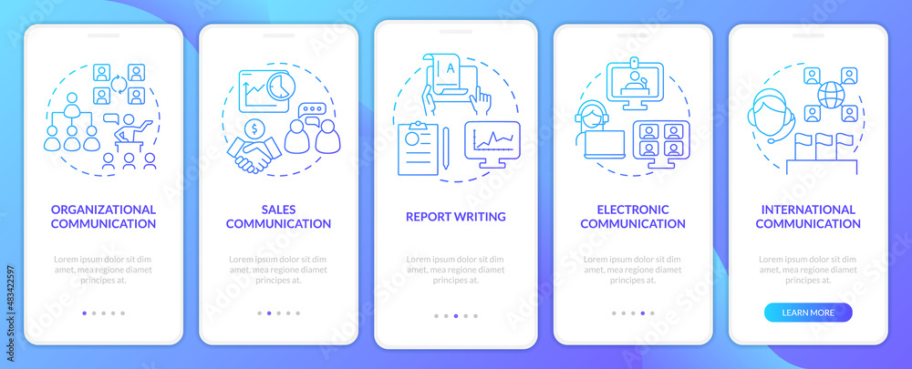 Corporate communication forms blue gradient onboarding mobile app screen. Walkthrough 5 steps graphic instructions pages with linear concepts. UI, UX, GUI template. Myriad Pro-Bold, Regular fonts used