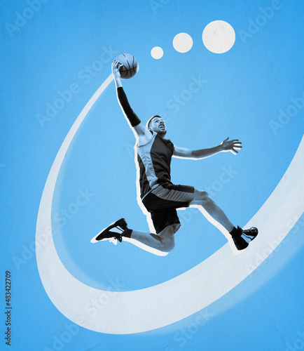 Contemporary art collage with young basketball player jumping with ball isolated on blue background. Sport  games  active lifestyle