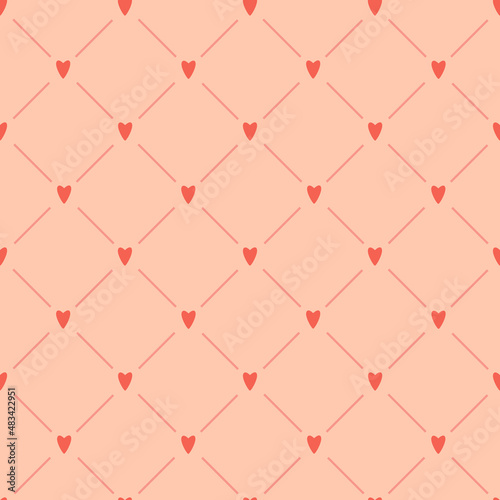 A simple seamless minimalistic pattern with red hearts and stripes on a light pink background. Perfect for Valentine's day packaging and wrapping paper design. Vector illustration.