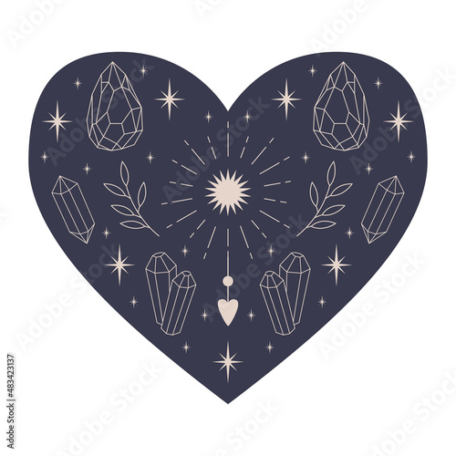 Symmetrical Mystical Heart with outline crystals, sun with rays, twigs and a heart. Decorative element for Valentine's day cards, packaging design. Vector illustration isolated on a white background.