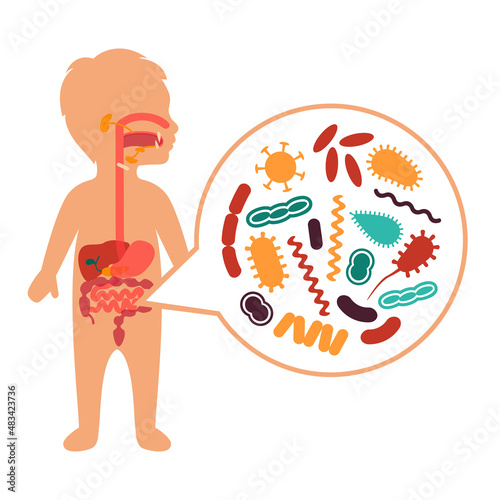 medical vector illustration of stomach ache, Children digestive system problems