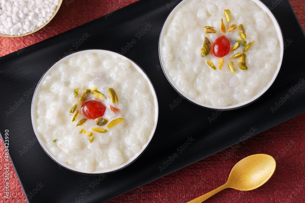 Sabudana Kheer thick pudding with tapioca pearls sago dessert from cassava root Indian sweet