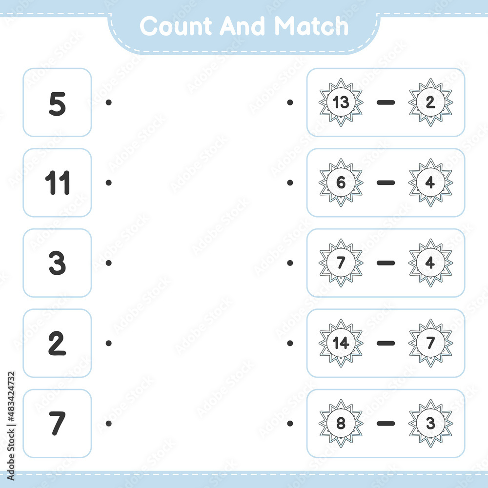 Count and match, count the number of Snowflake and match with the right numbers. Educational children game, printable worksheet, vector illustration Count and match, count the number of Snowflake and match with the right numbers. Educational children game, printable worksheet, vector illustration