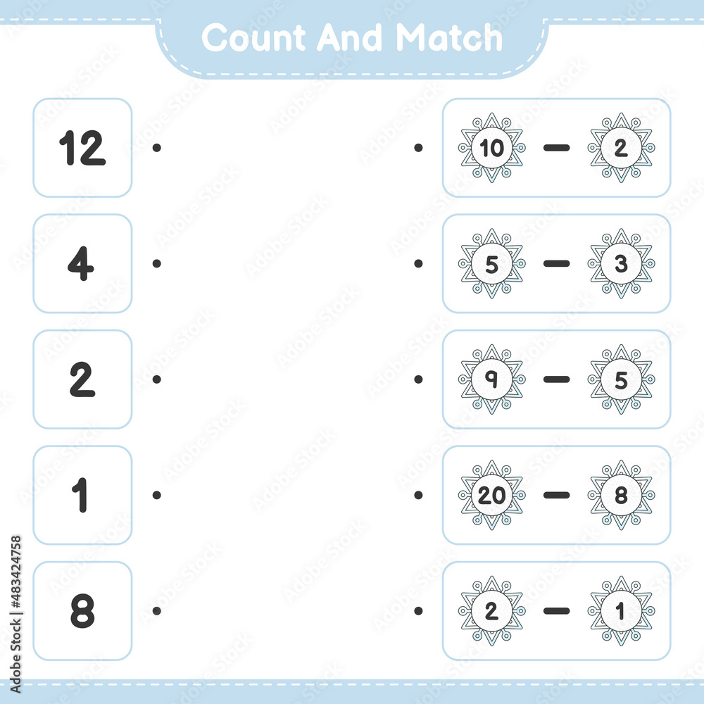 Count and match, count the number of Snowflake and match with the right numbers. Educational children game, printable worksheet, vector illustration Count and match, count the number of Snowflake and match with the right numbers. Educational children game, printable worksheet, vector illustration