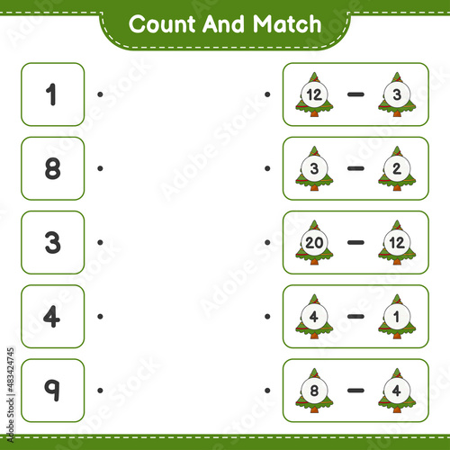 Count and match, count the number of Christmas Tree and match with the right numbers. Educational children game, printable worksheet, vector illustration