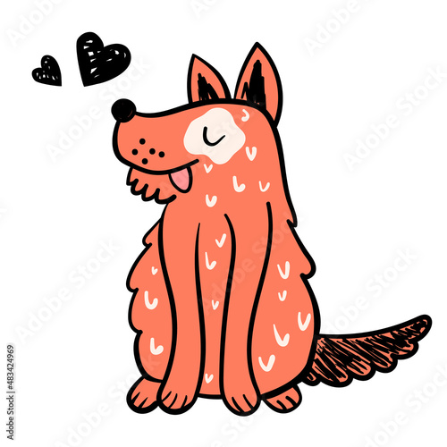Cartoon cute doggy in doodle style. Happy puppy with hearts. Funny loving pet. Sketch of a cheerful dog for prints, children's clothing, postcards. Vector illustration.