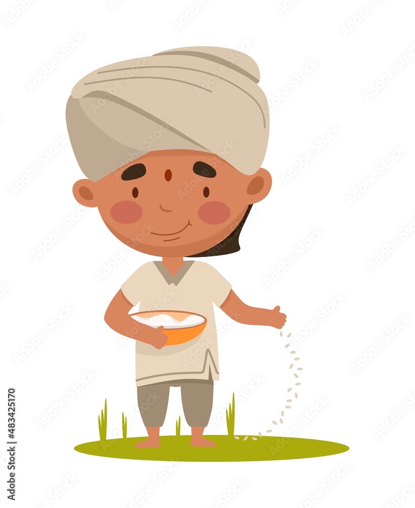 Indian farmer. A farmer sows rice in the field. Vector illustration in a flat cartoon style Indian farmer. A farmer sows rice in the field. Vector illustration in a flat cartoon style