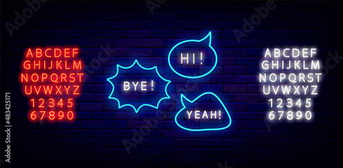Speech bubbles neon sign collection. Hi, bye and yeah shiny text. Glowing blue and pink alphabet. Vector illustration