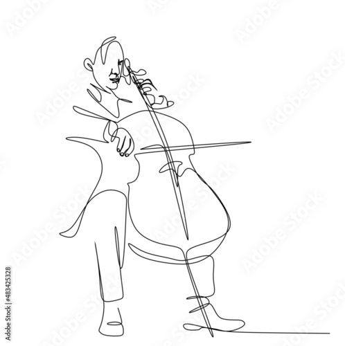 A continuous drawing with a single silhouette line of a man playing the cello. A cellist in the minimalist style.