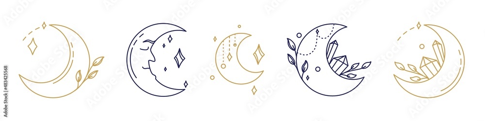 Magical symbols set moon esoteric boho mystical hand-drawn elements stone crystals. In gold and blue on a white background. Magical vector elements Magical symbols set moon esoteric boho mystical hand-drawn elements stone crystals. In gold and blue on a white background. Magical vector elements