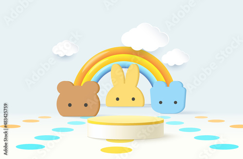 3d rendering of podium and abstract geometric with empty space for kids or baby product.
