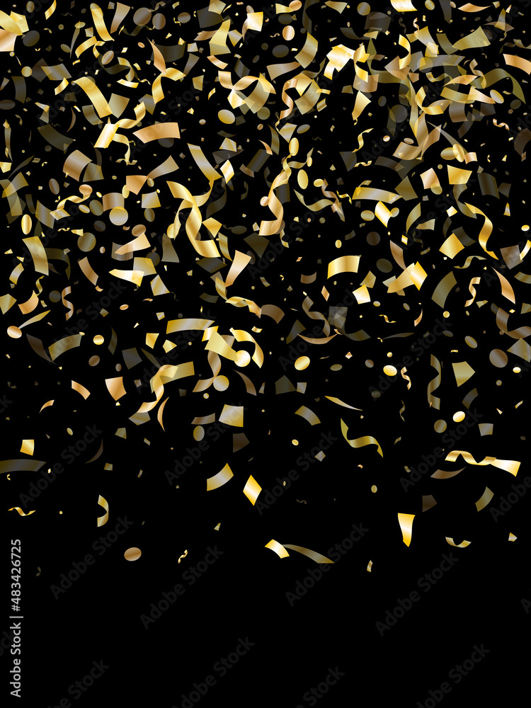 Holiday realistic gold confetti flying on black background. Holiday realistic gold confetti flying on black background.