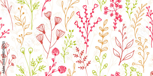 Field flower twigs natural vector seamless pattern. Chic floral textile print. Meadow plants leaves and blossom wallpaper. Field flower branches doodle endless design