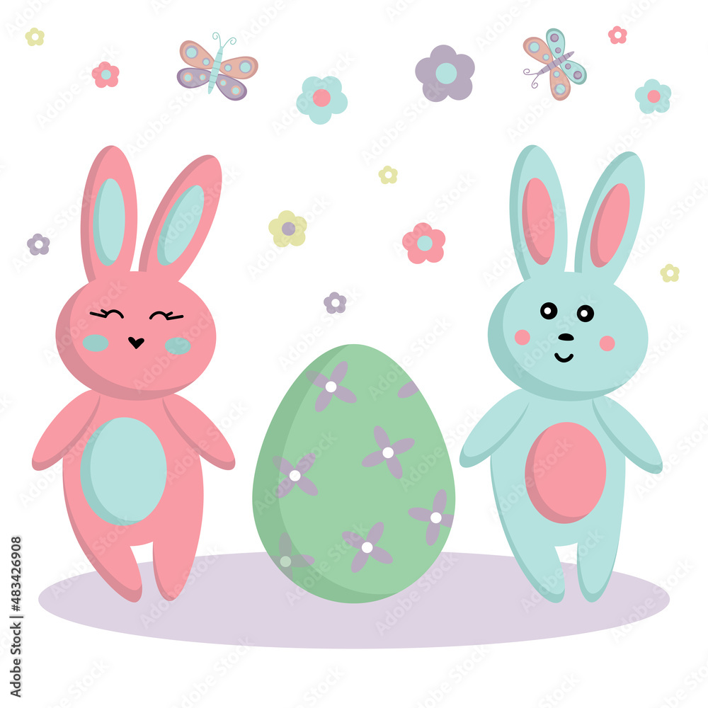 Obraz premium Set of cute Easter bunnies. Vector illustration Couple Easter bunnies and Easter egg. Collection of Easter elements for your design.