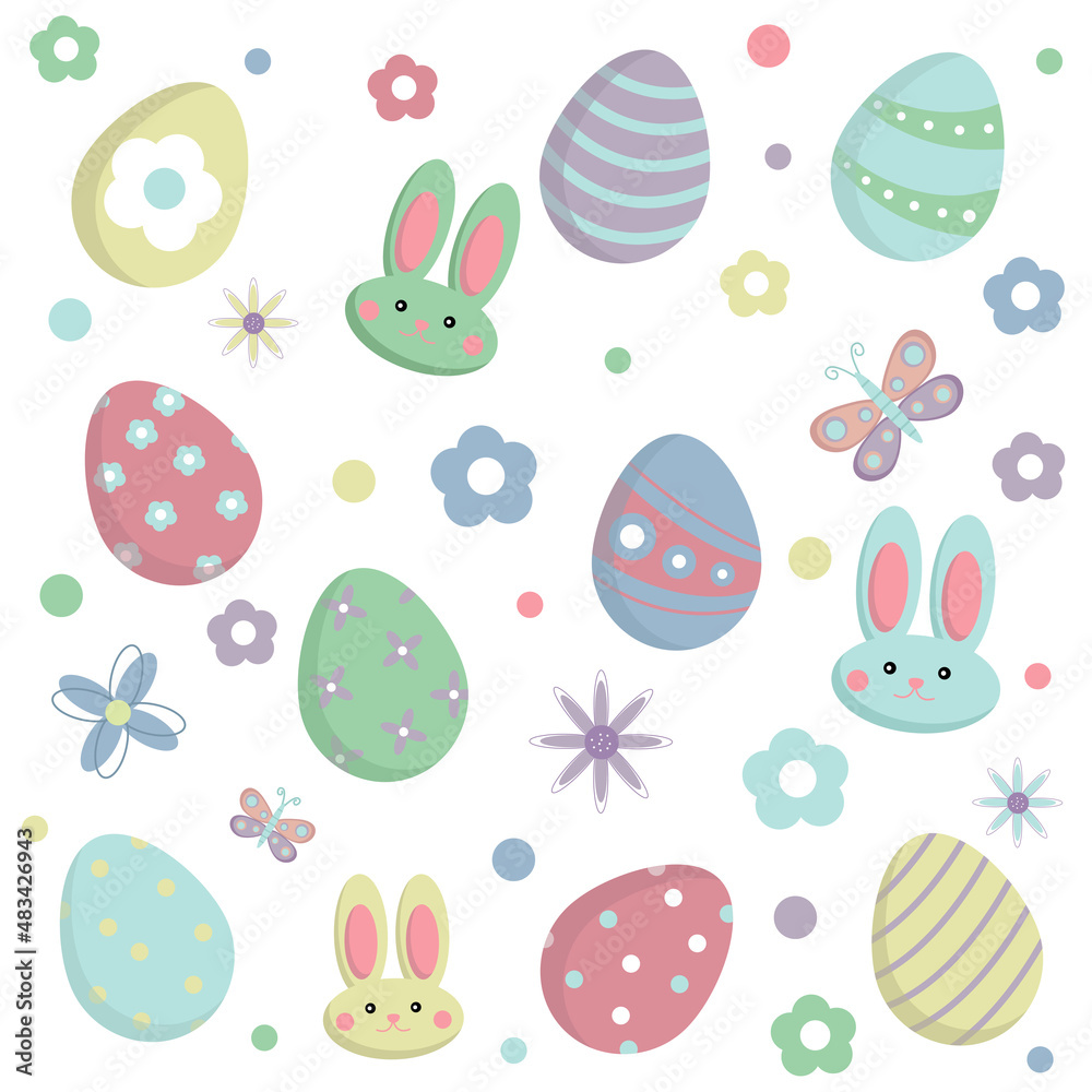 Easter background. Vector collection of Easter elements for design. Vector illustration in pastel colors: Easter eggs, cute rabbit, chicken, butterfly, flowers.