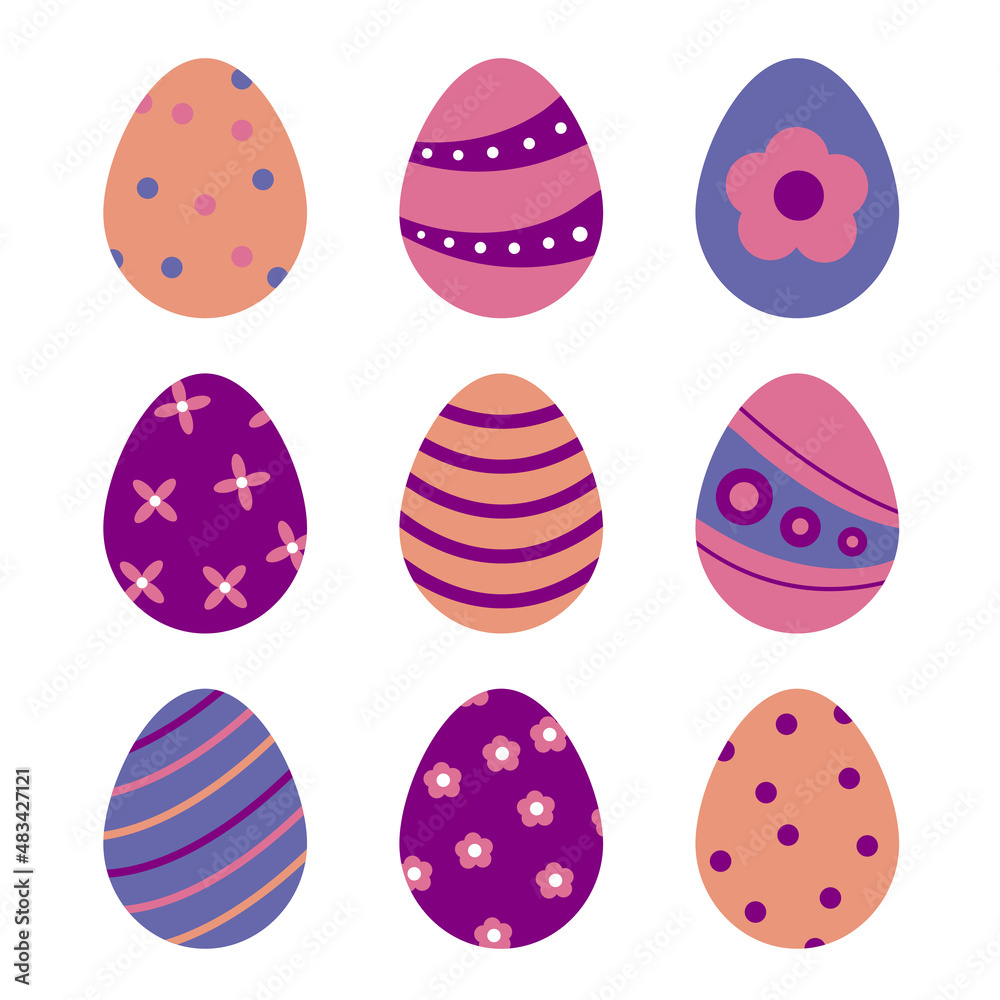Set of trendy bright Easter eggs . For greeting cards, posters, invitations, digital projects. Festive Easter elements for design.
