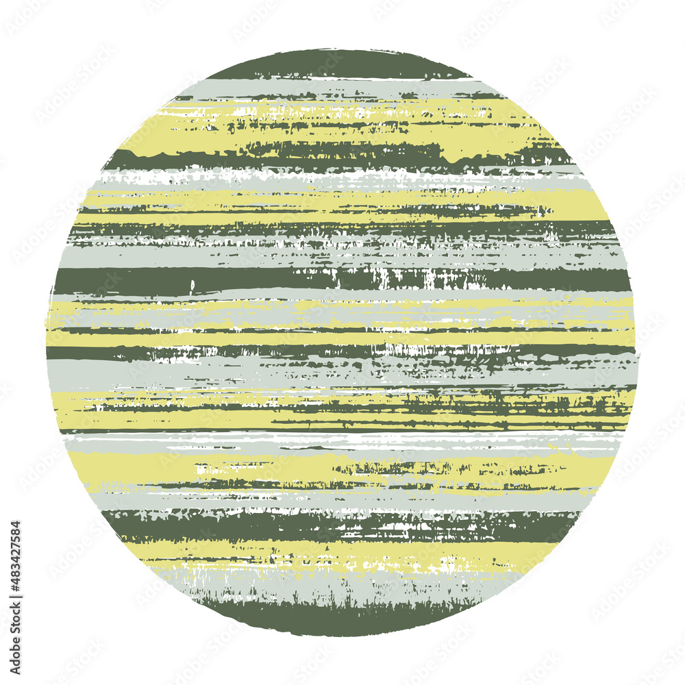 Abstract circle vector geometric shape with striped texture of ink horizontal lines. Disk banner with old paint texture. Label round shape logotype circle with grunge background of stripes.