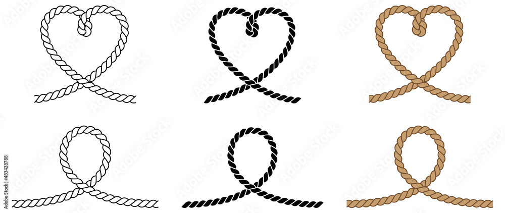 Rope Loop and Heart Clipart Set - Outline, Silhouette and Color
