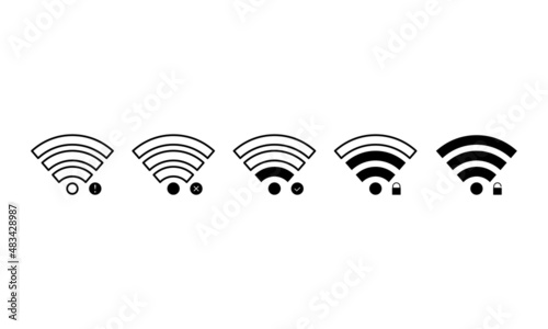 Wifi or wi-fi signal, wireless connection black icons set. Wlan access. Trendy flat isolated symbol, sign for: illustration, outline, logo,banner, mobile, app, webdesign, dev, ui, gui. Vector EPS 10 