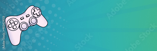 Gamepad for video games. Joystick drawing hand drawn game controller or game pad on green background, horizontal banner concept with text area