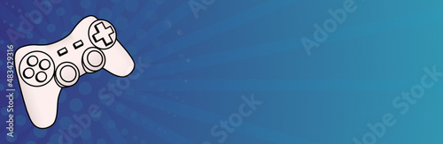 Gamepad for video games. Joystick drawing hand drawn game controller or game pad on blue background, horizontal banner concept with text area