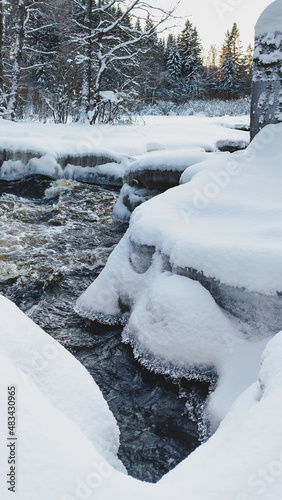 Water flow of a small snow-covered forest river, ice fragments close-up. Long exposure. Global warming concept, ecology, environmental conservation, graphic resources, macro photography