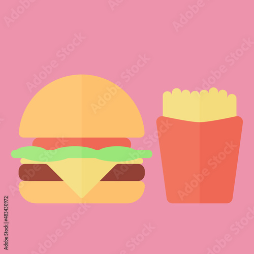 Vetores de lanches de fast food. Hamburguer, batata-frita.
