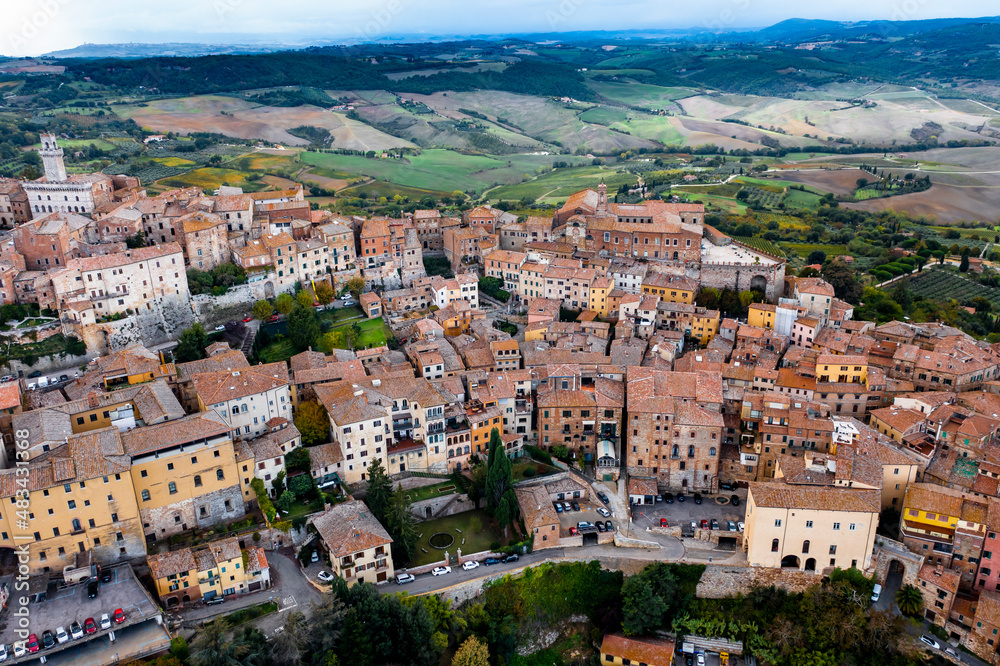 Aerial view of Montepulciano and of the valley Val d'Orcia Crete Province of Siena Tuscany Italy
