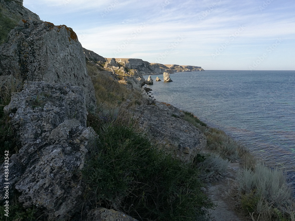 Landslide sea coast. Summer season